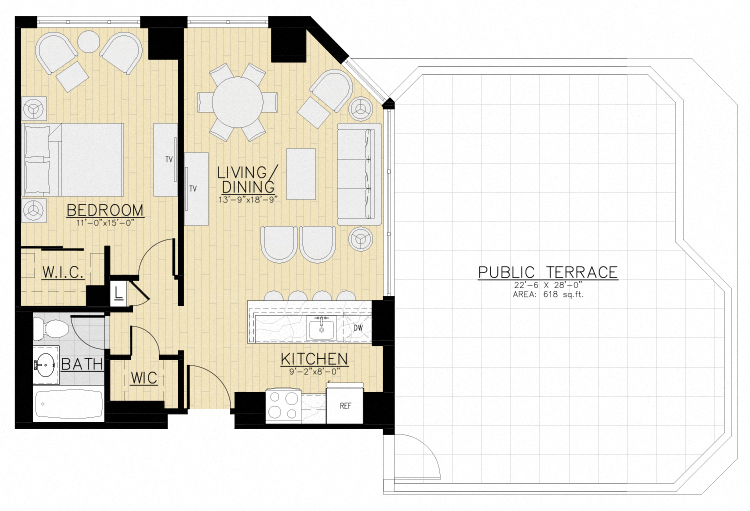 Floor plan for 1 bed, 1 bath, 713 sqft